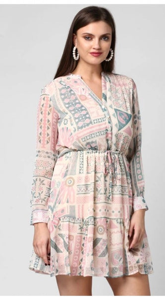 Mayawye Women's Polyester Printed Long Sleeves Above Knee Dress (Light Pink - Off White)