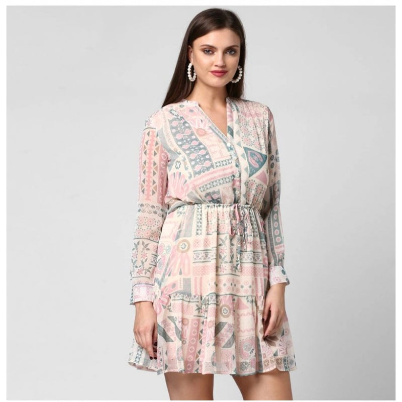 Mayawye Women's Polyester Printed Long Sleeves Above Knee Dress (Light Pink - Off White)