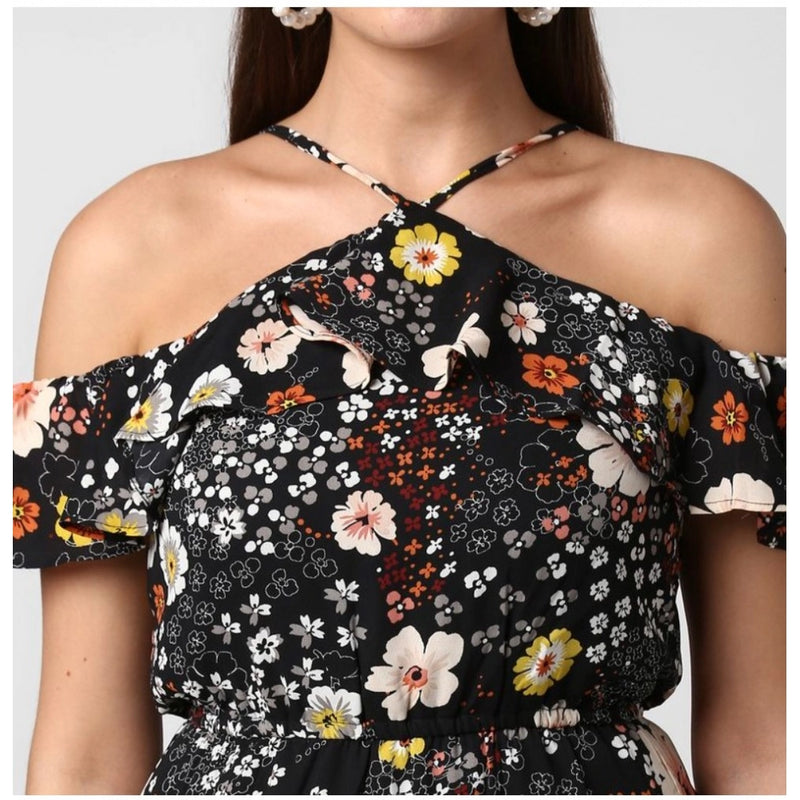 Mayawye Women's Polyester Floral Cold Shoulder Above Knee Dress (Black)