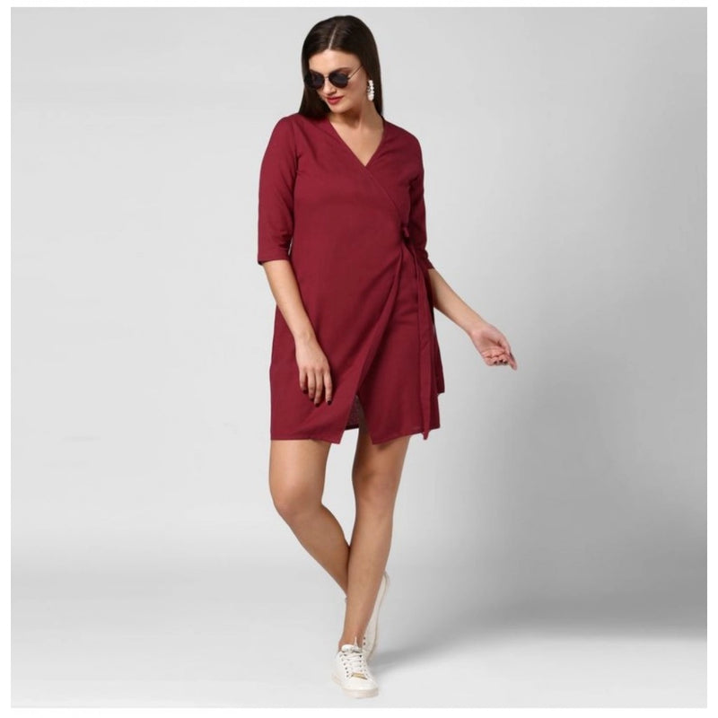 Mayawye Women's Cotton Solid 3-4th Sleeves Above Knee Dress (Maroon)