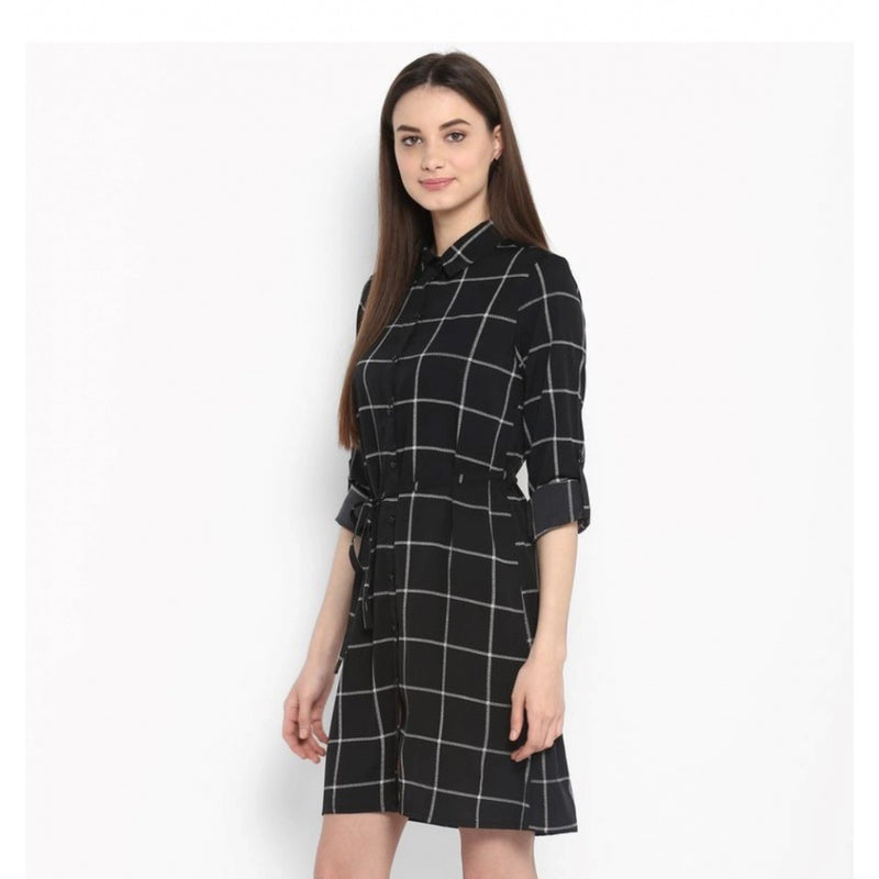 Mayawye Women's Polyester Checkered Roll Up Sleeve Above Knee Dress (Black - White)