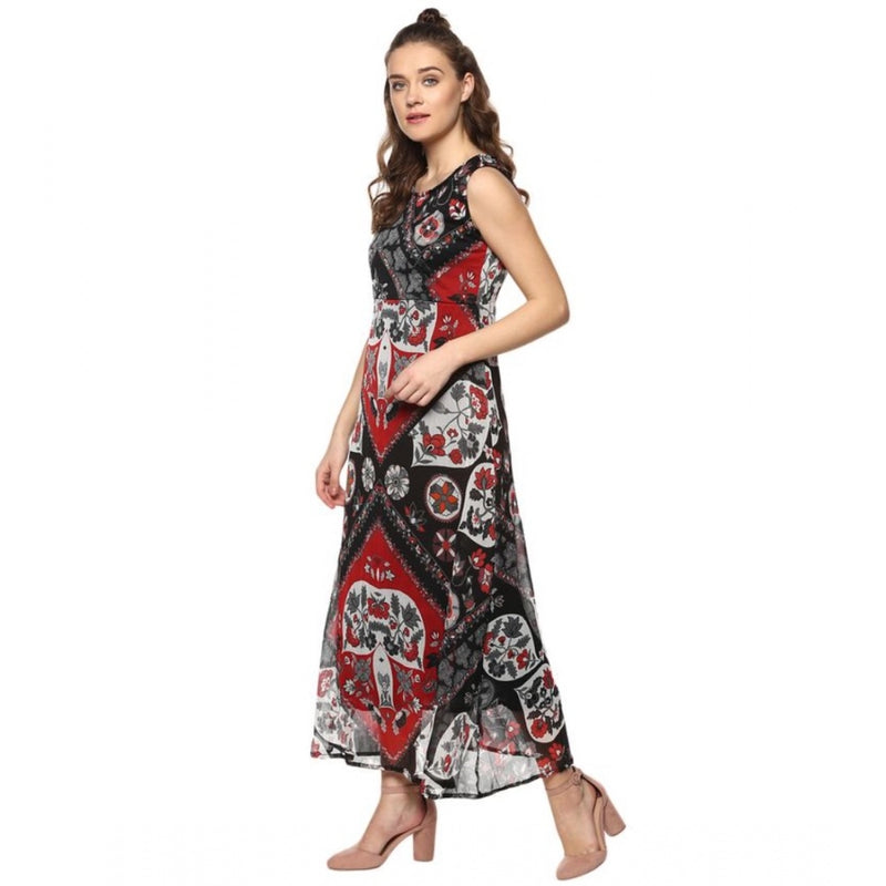 Mayawye Women's Polyester Printed Sleeveless Dress (Red - Black)
