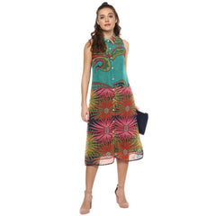 Mayawye Women's Polyester Floral Sleeveless Below Knee Dress (Multicolor)