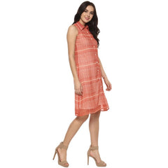 Mayawye Women's Polyester Printed Sleeveless Above Knee Dress (Orange)