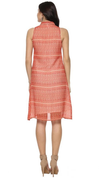 Mayawye Women's Polyester Printed Sleeveless Above Knee Dress (Orange)
