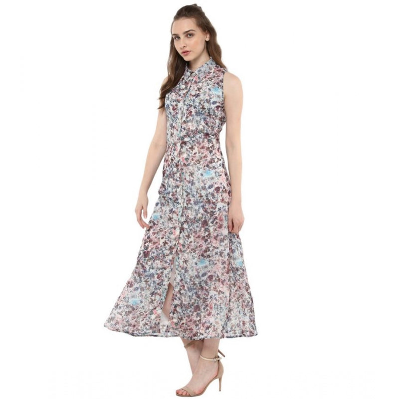 Mayawye Women's Polyester Chiffon Printed Sleeveless Dress (Multicolor)