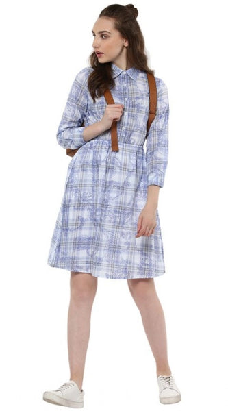 Mayawye Women's Cotton Checkered Roll Up Sleeve Above Knee Dress (Blue)