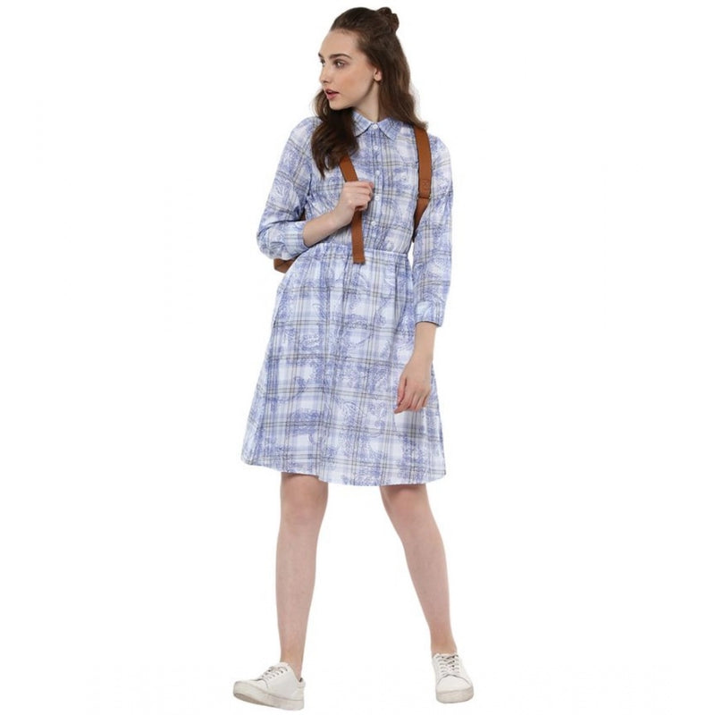 Mayawye Women's Cotton Checkered Roll Up Sleeve Above Knee Dress (Blue)