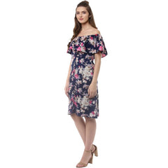 Mayawye Women's Polyester Crepe Floral Half Sleeve Above Knee Dress (Navy Blue)