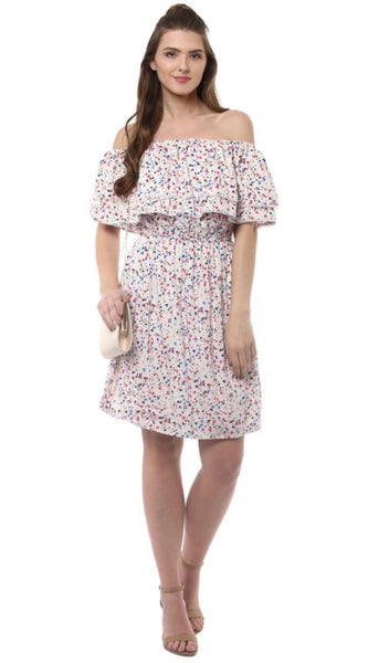 Mayawye Women's Rayon Floral Half Sleeve Above Knee Dress (Multicolor)