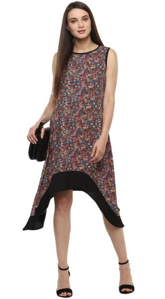 Mayawye Women's Polyester Printed Sleeveless Knee-Length Dress (Multicolor)