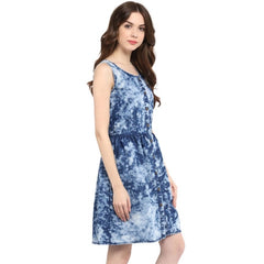 Mayawye Women's Denim Tie & Dye Sleeveless Above Knee Dress (Blue)