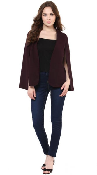 Mayawye Women's Polyester Solid Cape Sleeve Blazer (Wine)