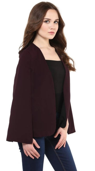 Mayawye Women's Polyester Solid Cape Sleeve Blazer (Wine)