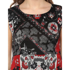 Mayawye Women's Polyester Printed Sleeveless Dress (Red - Black)