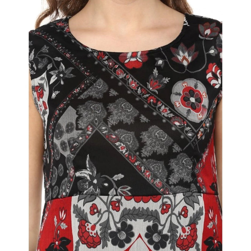 Mayawye Women's Polyester Printed Sleeveless Dress (Red - Black)