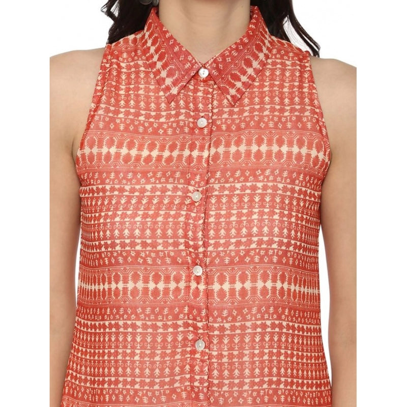 Mayawye Women's Polyester Printed Sleeveless Above Knee Dress (Orange)