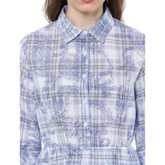 Mayawye Women's Cotton Checkered Roll Up Sleeve Above Knee Dress (Blue)