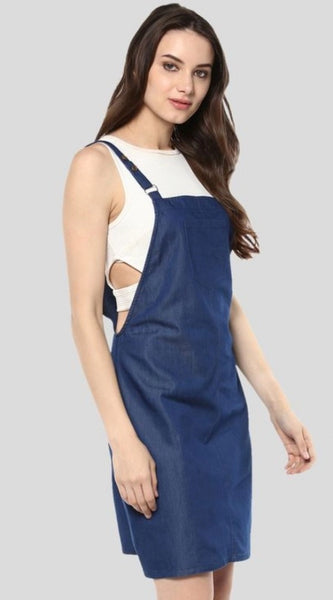 Mayawye Women's Denim Solid Shoulder Straps Above Knee Dress (Blue)