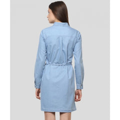 Mayawye Women's Denim Solid Long Sleeves Above Knee Dress (Blue)