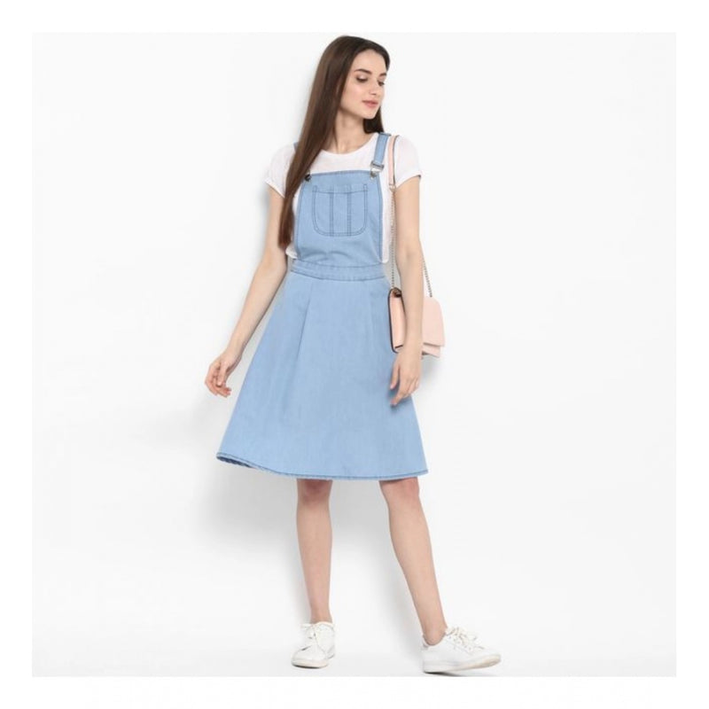 Mayawye Women's Denim Solid Sleeveless Above Knee Dress (Blue)