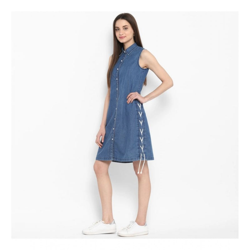 Mayawye Women's Denim Solid Sleeveless Above Knee Dress (Blue)