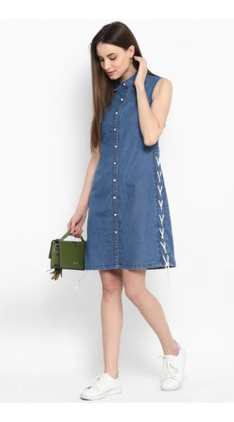 Mayawye Women's Denim Solid Sleeveless Above Knee Dress (Blue)