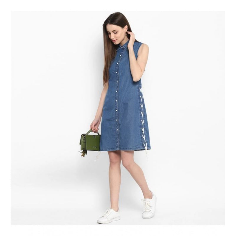 Mayawye Women's Denim Solid Sleeveless Above Knee Dress (Blue)