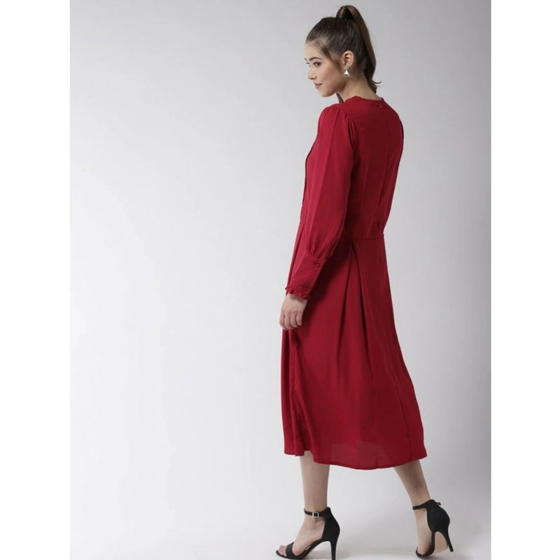Mayawye Women's Polyester Pintuck Long Sleeves Below Knee Dress (Red)