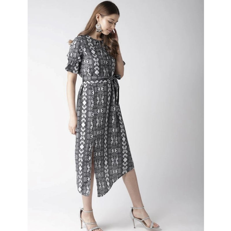 Mayawye Women's Polyester Animal Print Short Sleeve Knee-Length Dress (Black - White)