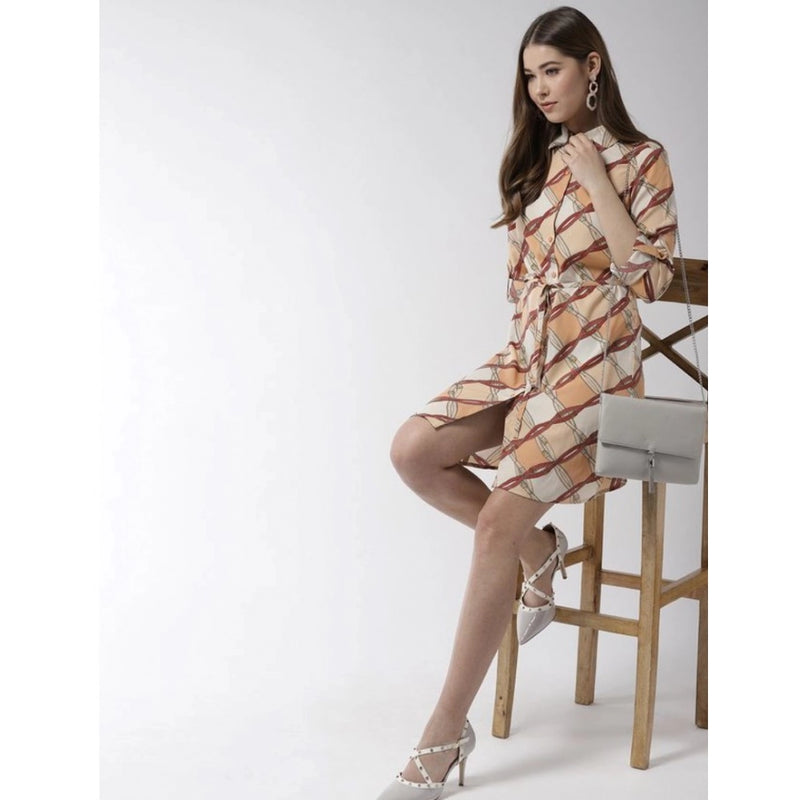 Mayawye Women's Polyester Printed Roll Up Sleeve Above Knee Dress (Off White - Brown)