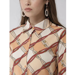 Mayawye Women's Polyester Printed Roll Up Sleeve Above Knee Dress (Off White - Brown)
