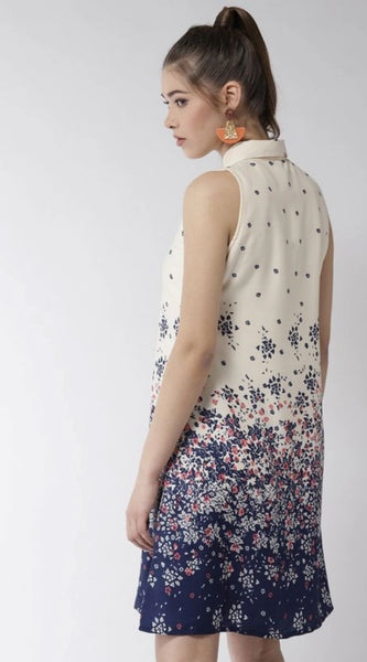 Mayawye Women's Polyester Floral Sleeveless Above Knee Dress (Cream)