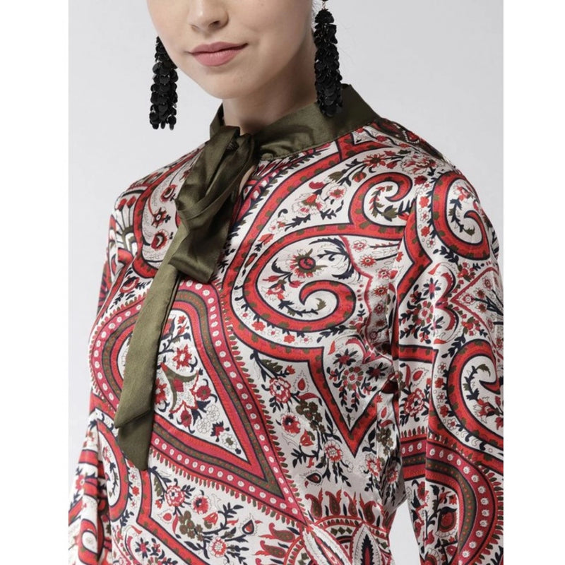 Mayawye Women's Polyester Printed Long Sleeves Above Knee Dress (Red)