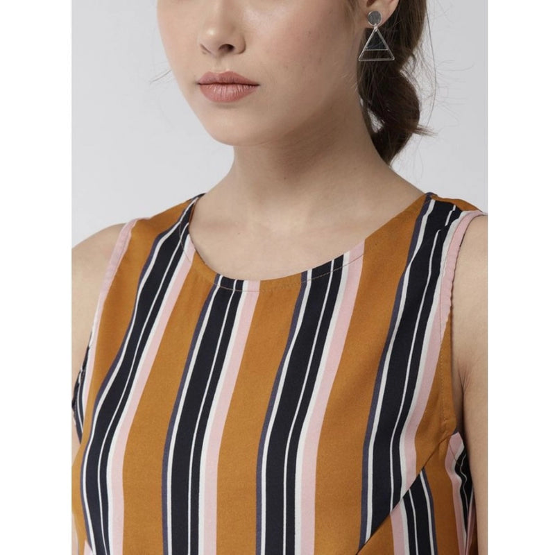 Mayawye Women's Polyester Striped Sleeveless Below Knee Dress (Mustard)