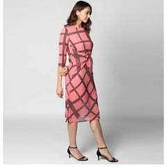 Mayawye Women's Polyester Checkered 3-4th Sleeves Below Knee Dress (Pink - Black)