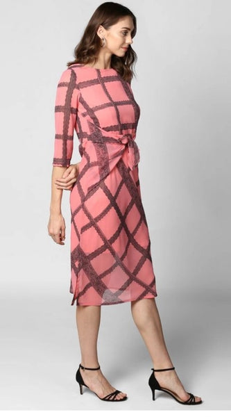Mayawye Women's Polyester Checkered 3-4th Sleeves Below Knee Dress (Pink - Black)