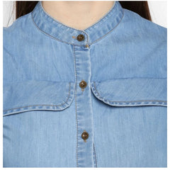 Mayawye Women's Denim Solid Cold Shoulder Above Knee Dress (Blue)