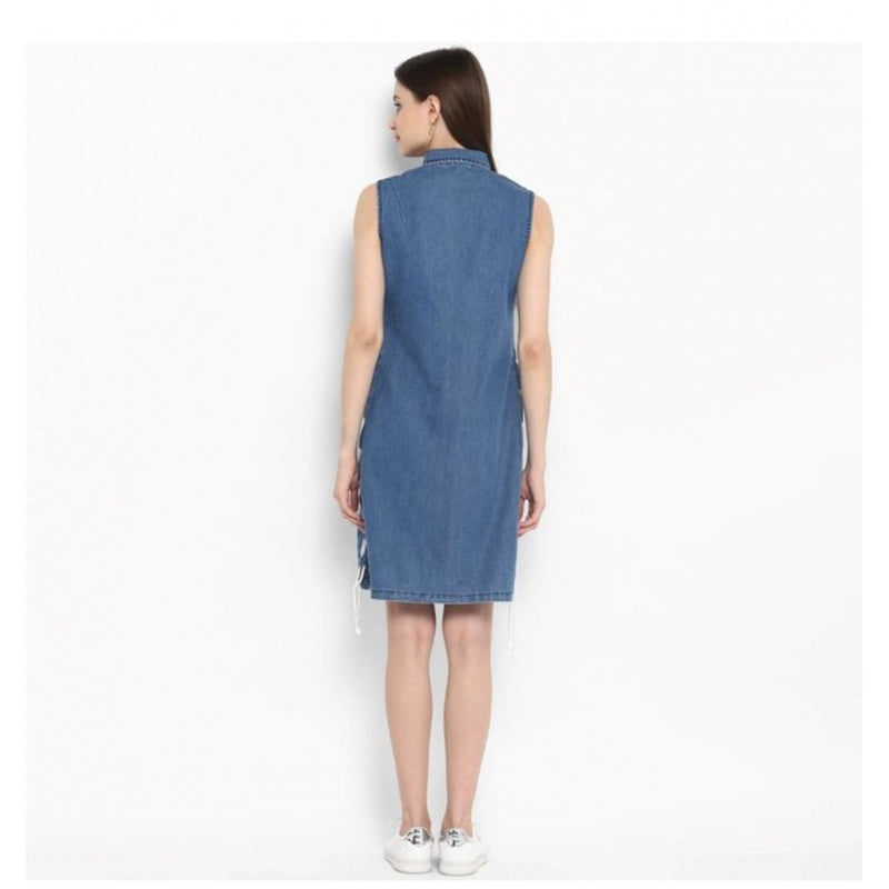 Mayawye Women's Denim Solid Sleeveless Above Knee Dress (Blue)