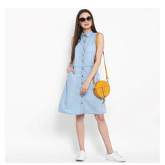 Mayawye Women's Denim Solid Sleeveless Below Knee Dress (Blue)