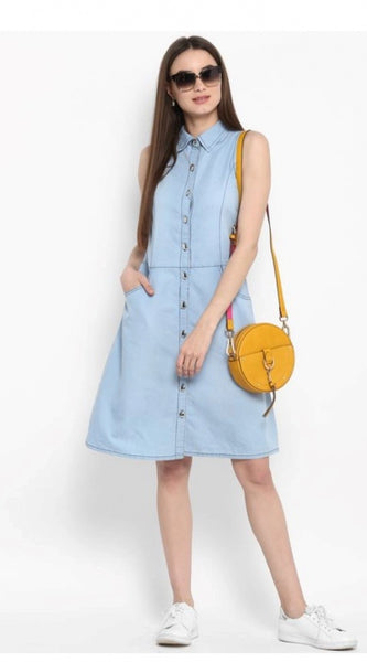Mayawye Women's Denim Solid Sleeveless Below Knee Dress (Blue)