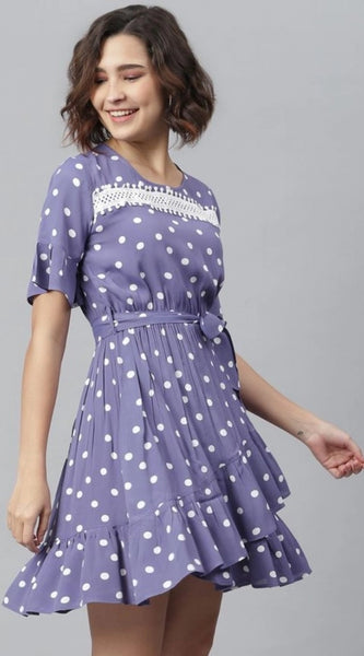 Mayawye Women's Polyester Polka Bell Sleeve Above Knee Dress (Lavender)