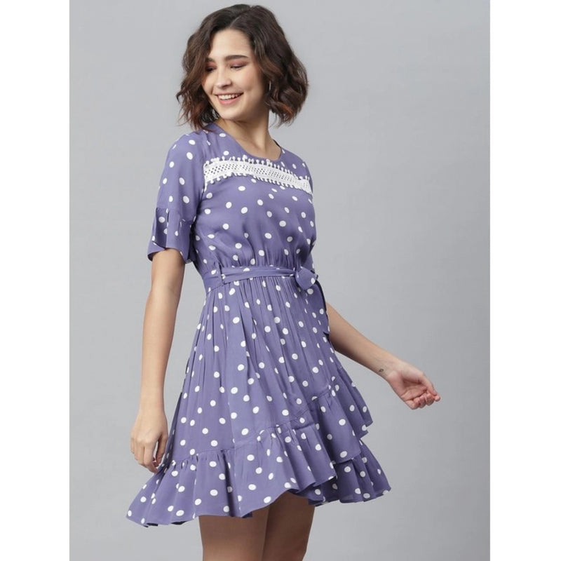 Mayawye Women's Polyester Polka Bell Sleeve Above Knee Dress (Lavender)