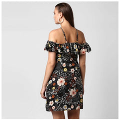 Mayawye Women's Polyester Floral Cold Shoulder Above Knee Dress (Black)