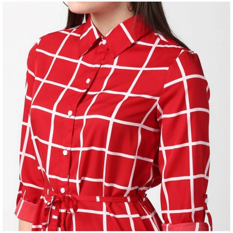 Mayawye Women's Polyester Checkered Long Sleeves Above Knee Dress (Red)