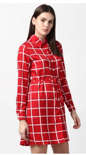 Mayawye Women's Polyester Checkered Long Sleeves Above Knee Dress (Red)