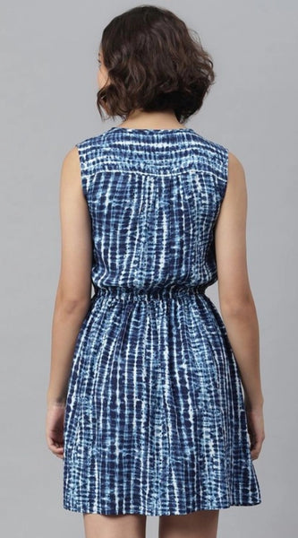 Mayawye Women's Rayon Tie & Dye Sleeveless Above Knee Dress (Blue)