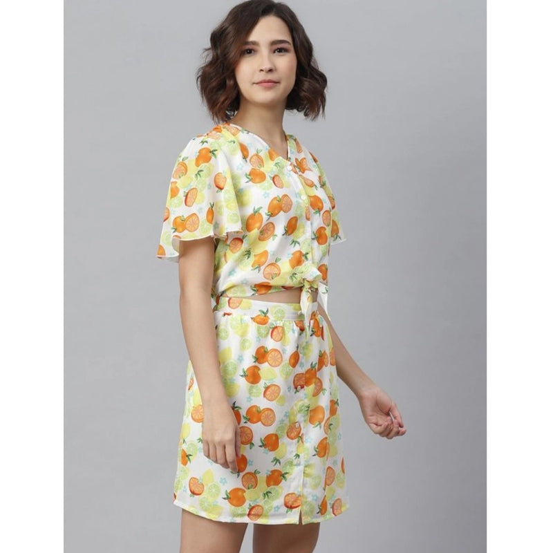 Mayawye Women's Polyester Printed Flutter Above Knee Dress (Orange - Yellow)