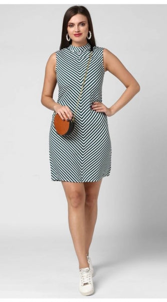 Mayawye Women's Polyester Striped Sleeveless Above Knee Dress (Green)