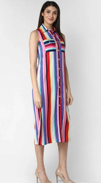Mayawye Women's Polyester Striped Sleeveless Calf-length Dress (Multicolor)